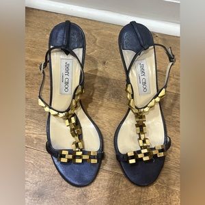 Jimmy Choo T Strap Leather Metallic Sandal Dark Blue Bronze Size 39